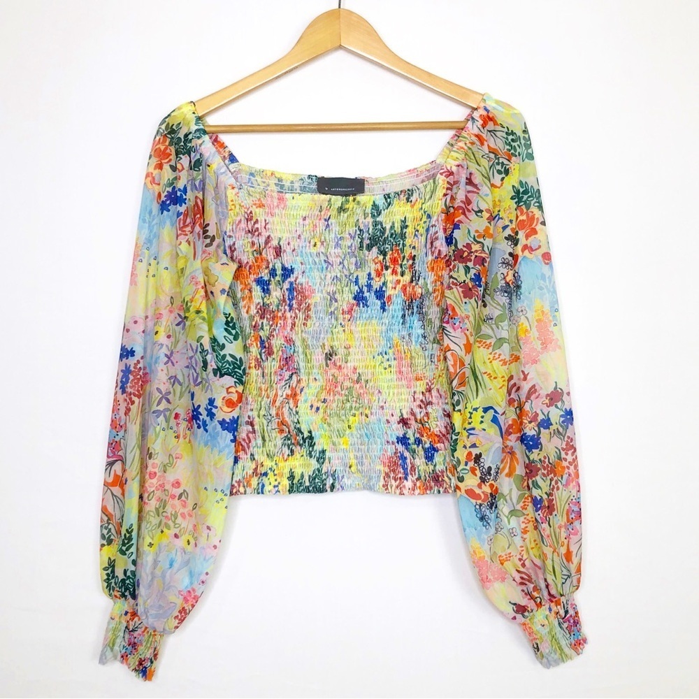 Anthropologie Rouen smocked Floral, long sleeve blouse